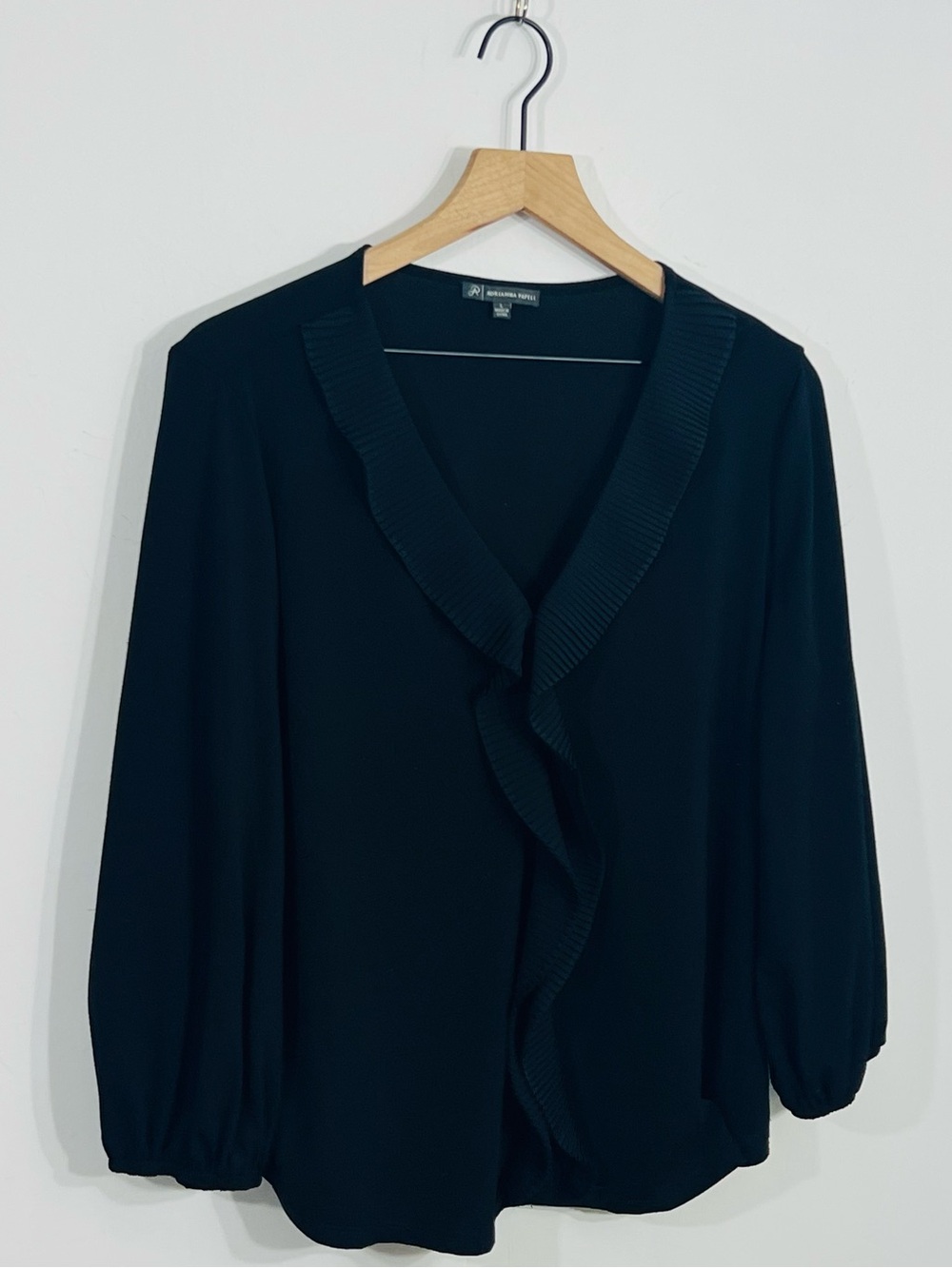 Adrianna Papell Black V-Neck Ruffle Blouse Puff Sleeve Stretch L Minimalist Top